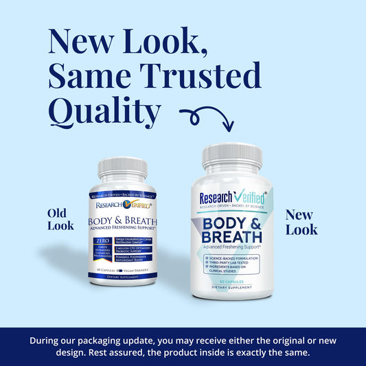 Research Verified Body and Breath capsules pack close-up showing 60 vegan capsules.