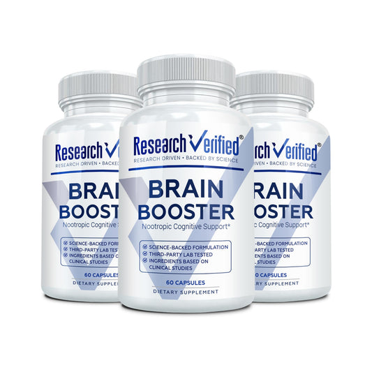 Research Verified Brain Booster bottle front highlighting vegan capsules for cognitive support.