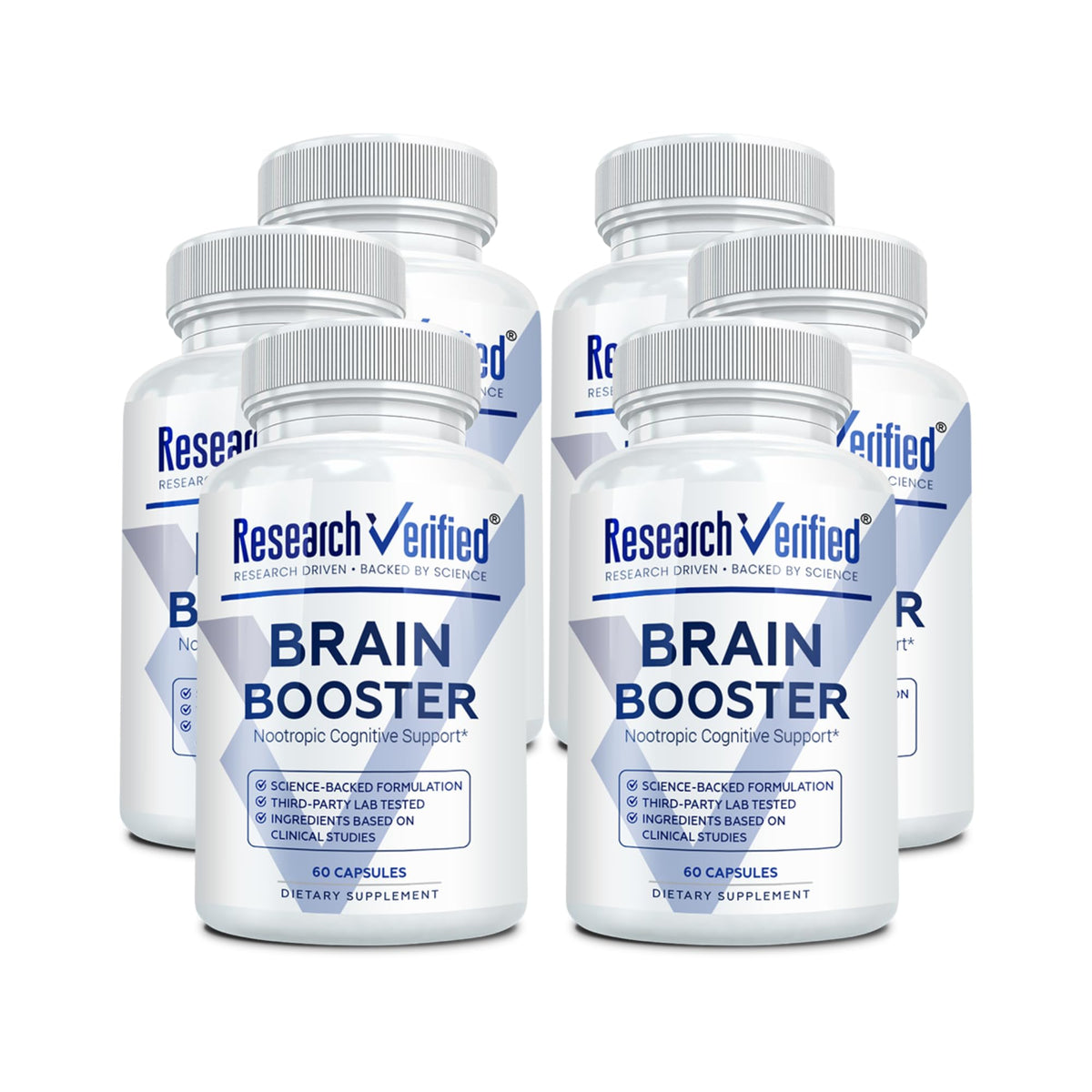 Research Verified Brain Booster bottle front showing label and focus support.
