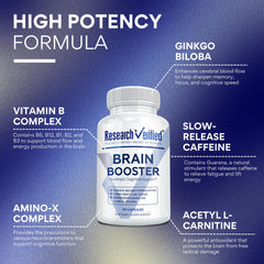 Research Verified Brain Booster bottle pour demonstrates easy daily dosing for sustained focus.