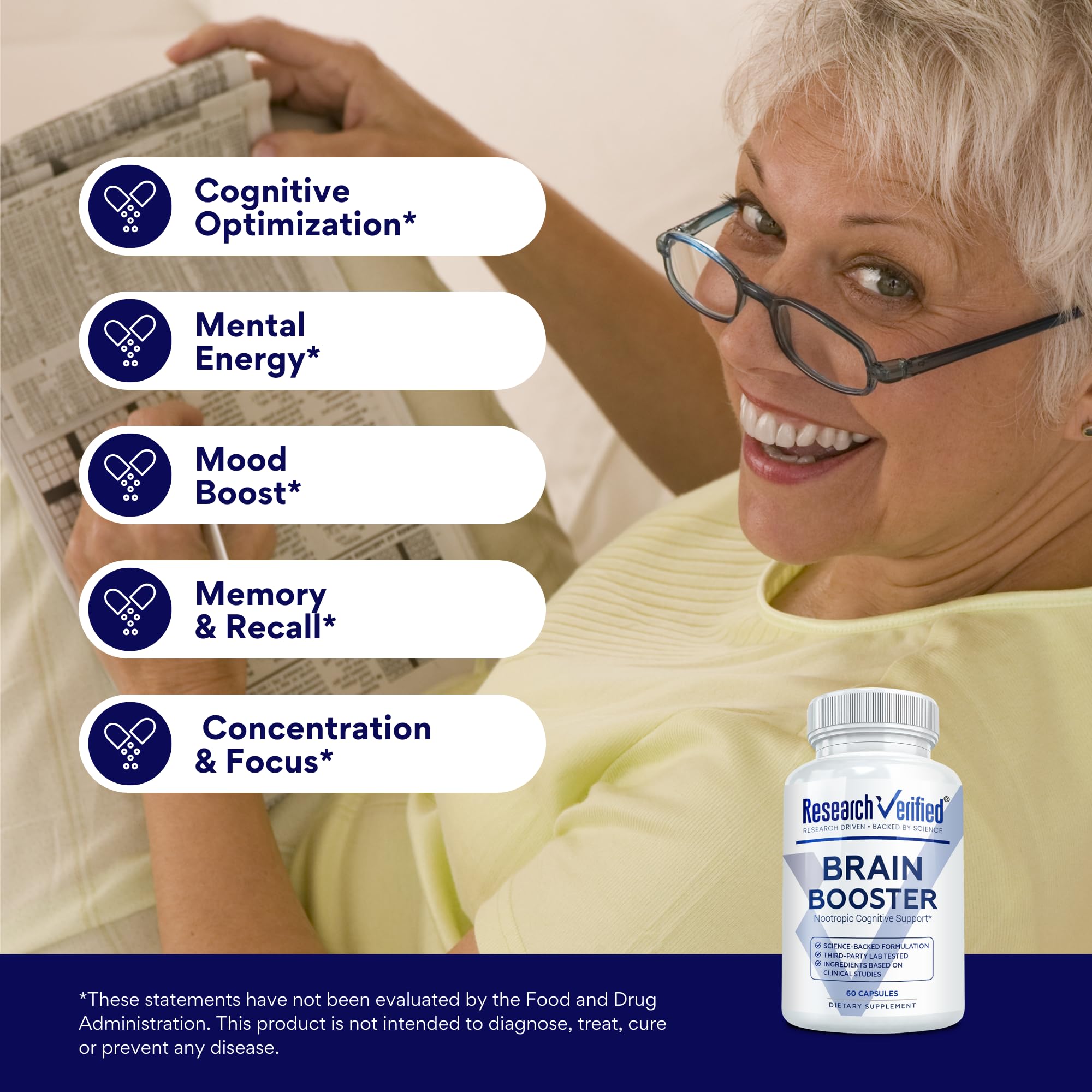 Research Verified Brain Booster capsules in hand illustrate portable support for study sessions.