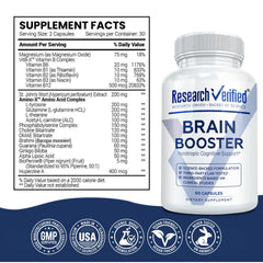 Research Verified Brain Booster ingredients panel reveals L-Tyrosine, B-vitamins, and other cognitive nutrients.