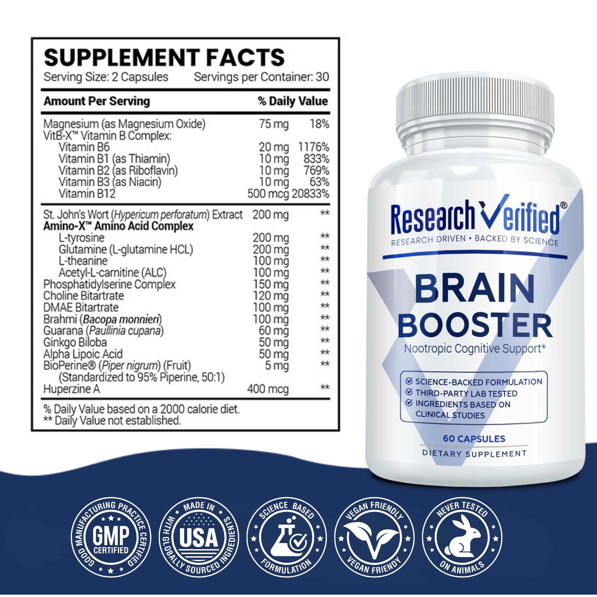 Research Verified Brain Booster packaging box showcasing vegan capsules and clean ingredients.