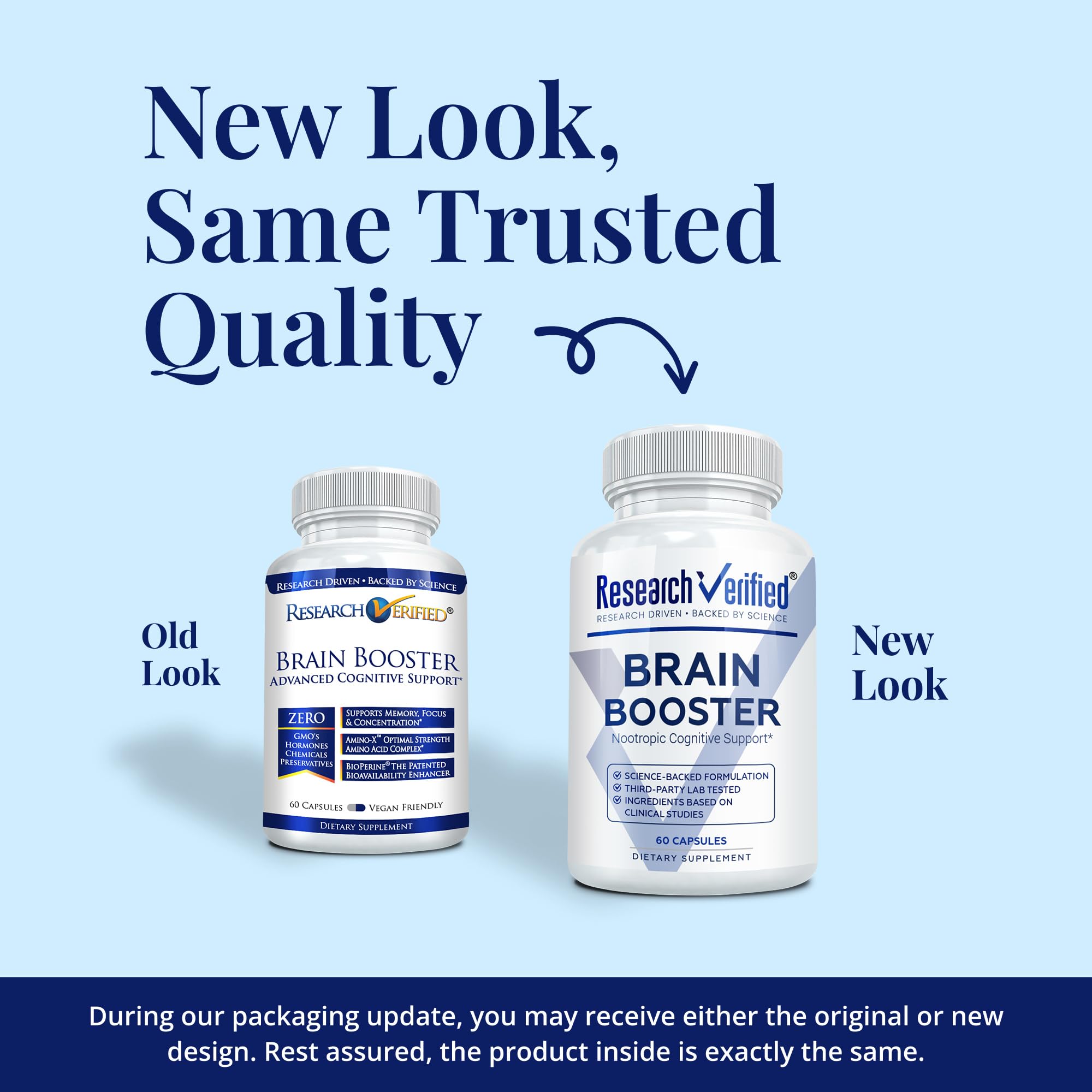 Research Verified Brain Booster three-bottles pack signifies convenient subscription or bulk purchase.