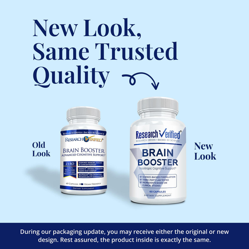Research Verified Brain Booster three-bottles pack signifies convenient subscription or bulk purchase.