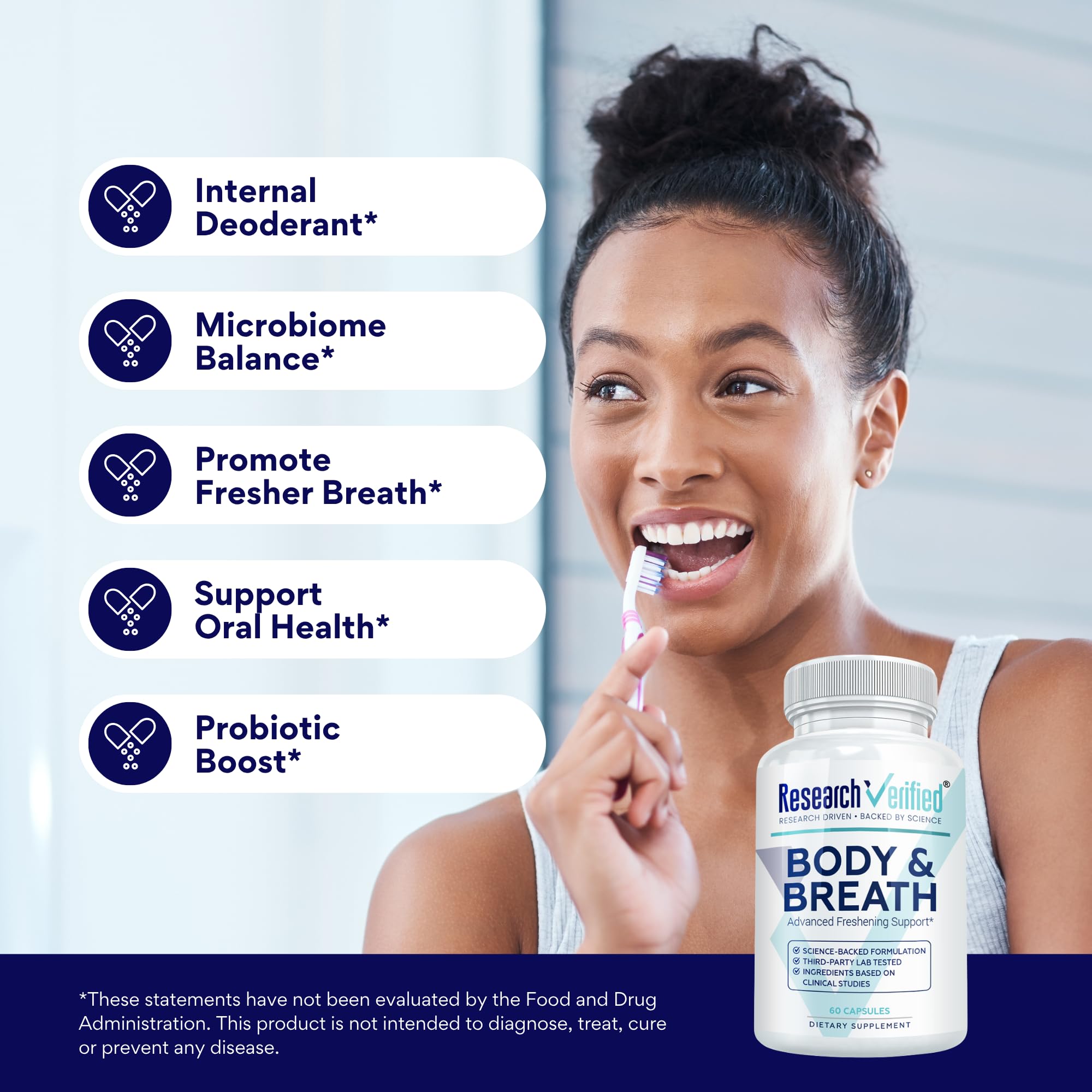 Research Verified Body and Breath capsules in hand for easy daily dosage.