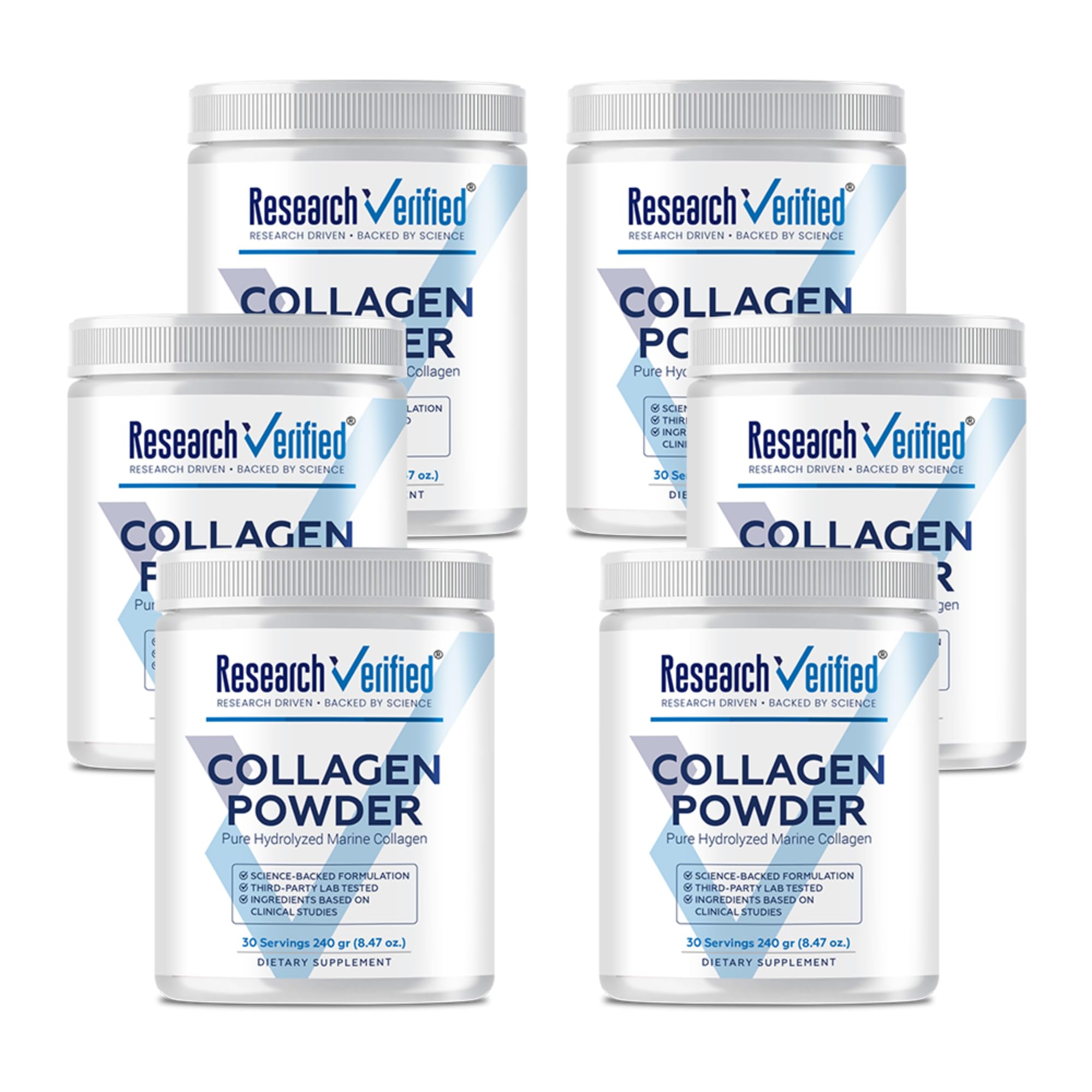 Research Verified Collagen Powder bottle shown for easy daily skin support.