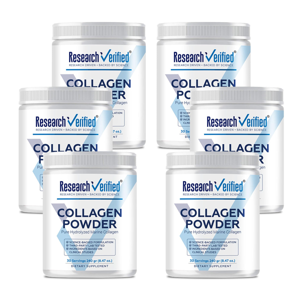 Research Verified Collagen Powder bottle shown for easy daily skin support.