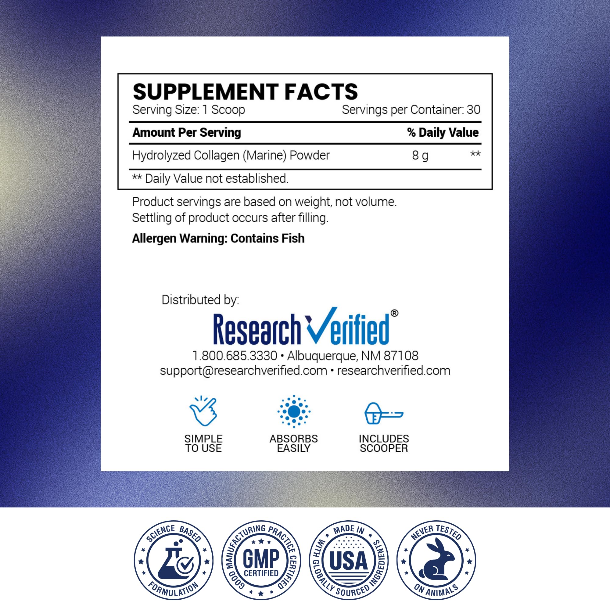 Nutrition facts panel of Research Verified Collagen Powder shown.