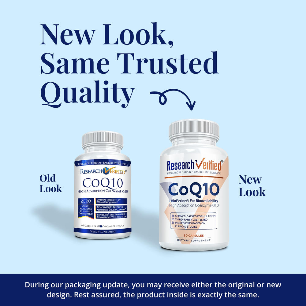 Research Verified CoQ10 bottle back label with ingredients and vegan formula