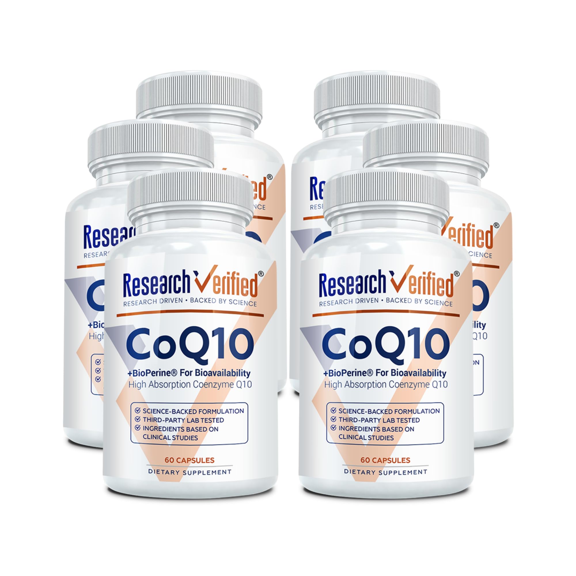 Research Verified CoQ10 bottle front showing vegan, high potency antioxidant support