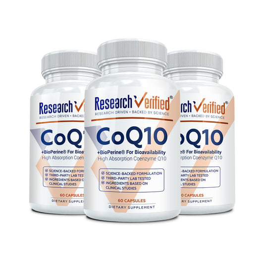 Research Verified CoQ10 bottle shows a high-potency vegan supplement for daily antioxidant support.