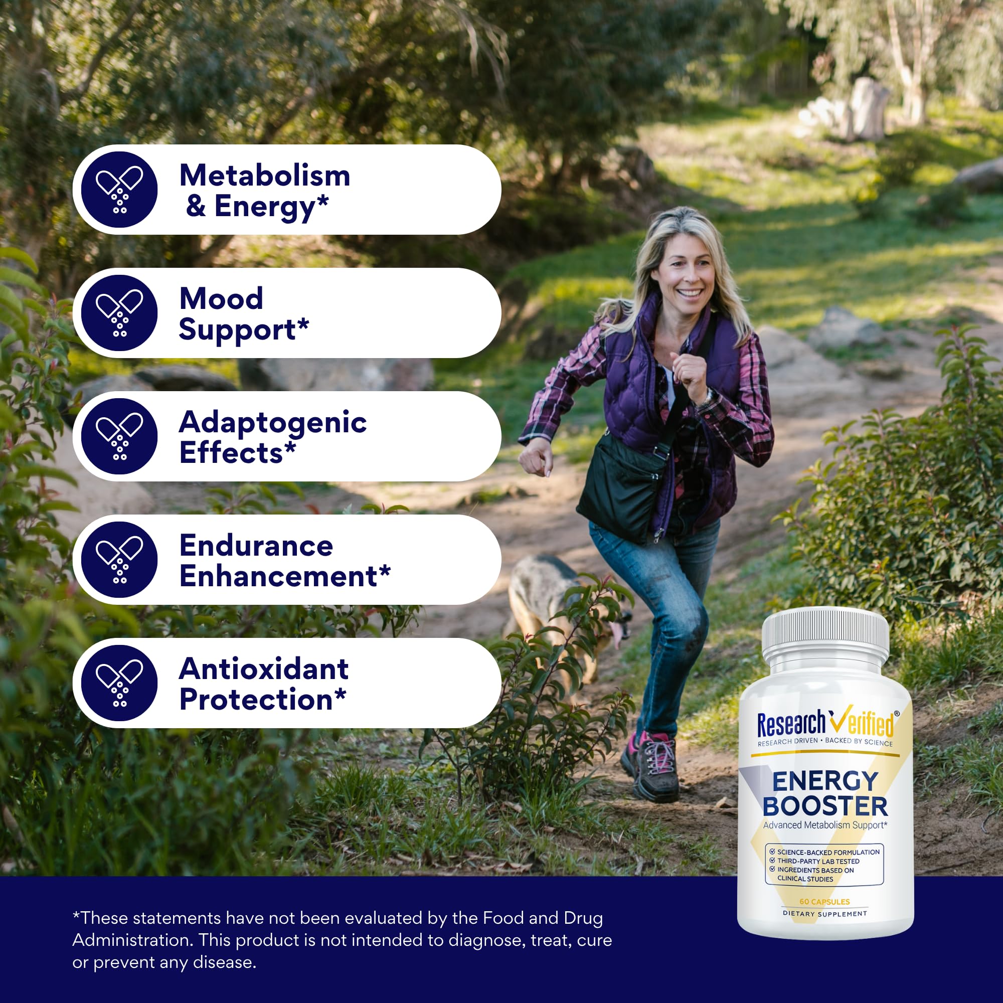 Research Verified Energy Booster B-vitamin complex emphasizes methylated B12 and Folate.