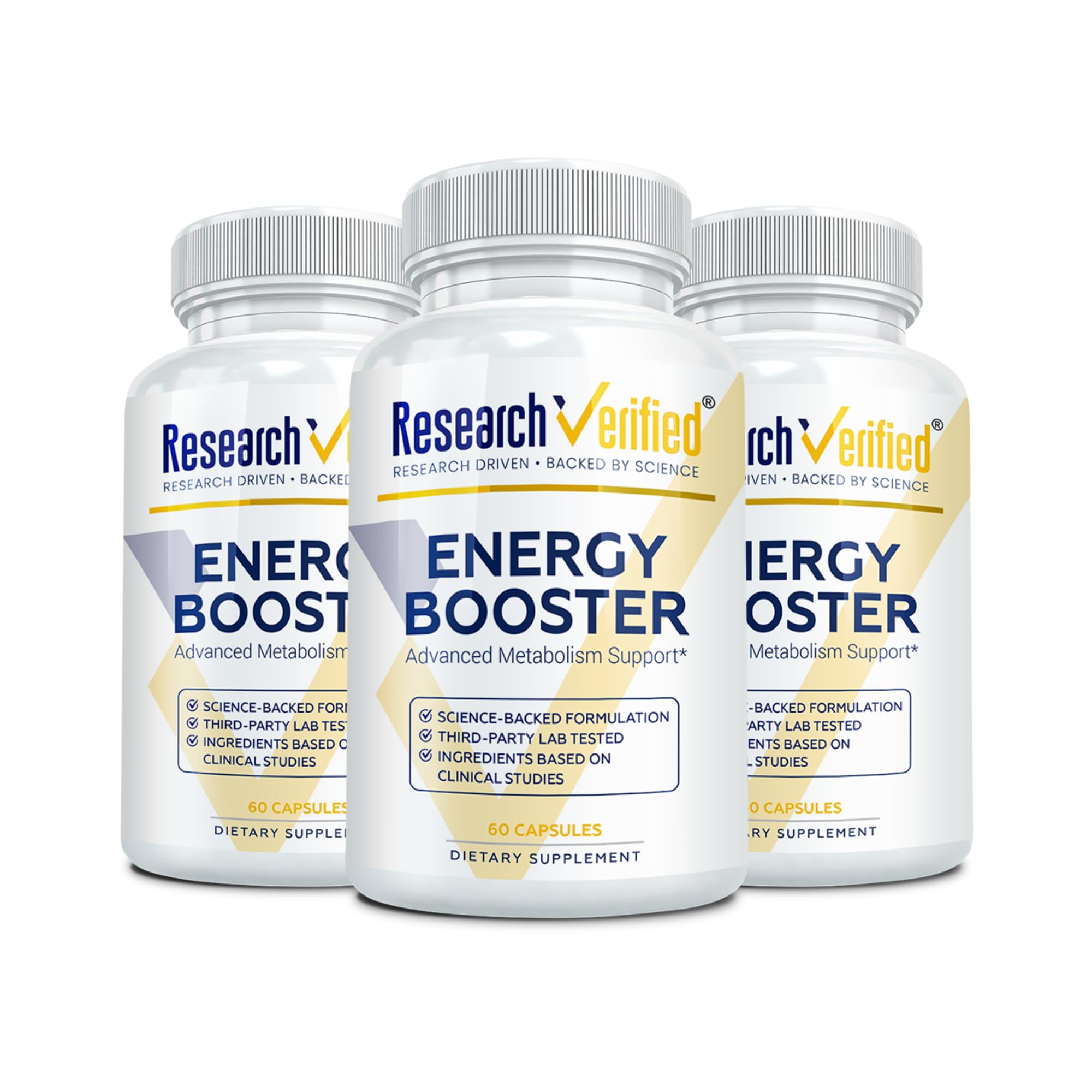 Research Verified Energy Booster bottle front shows caffeine-free formula for daily support.