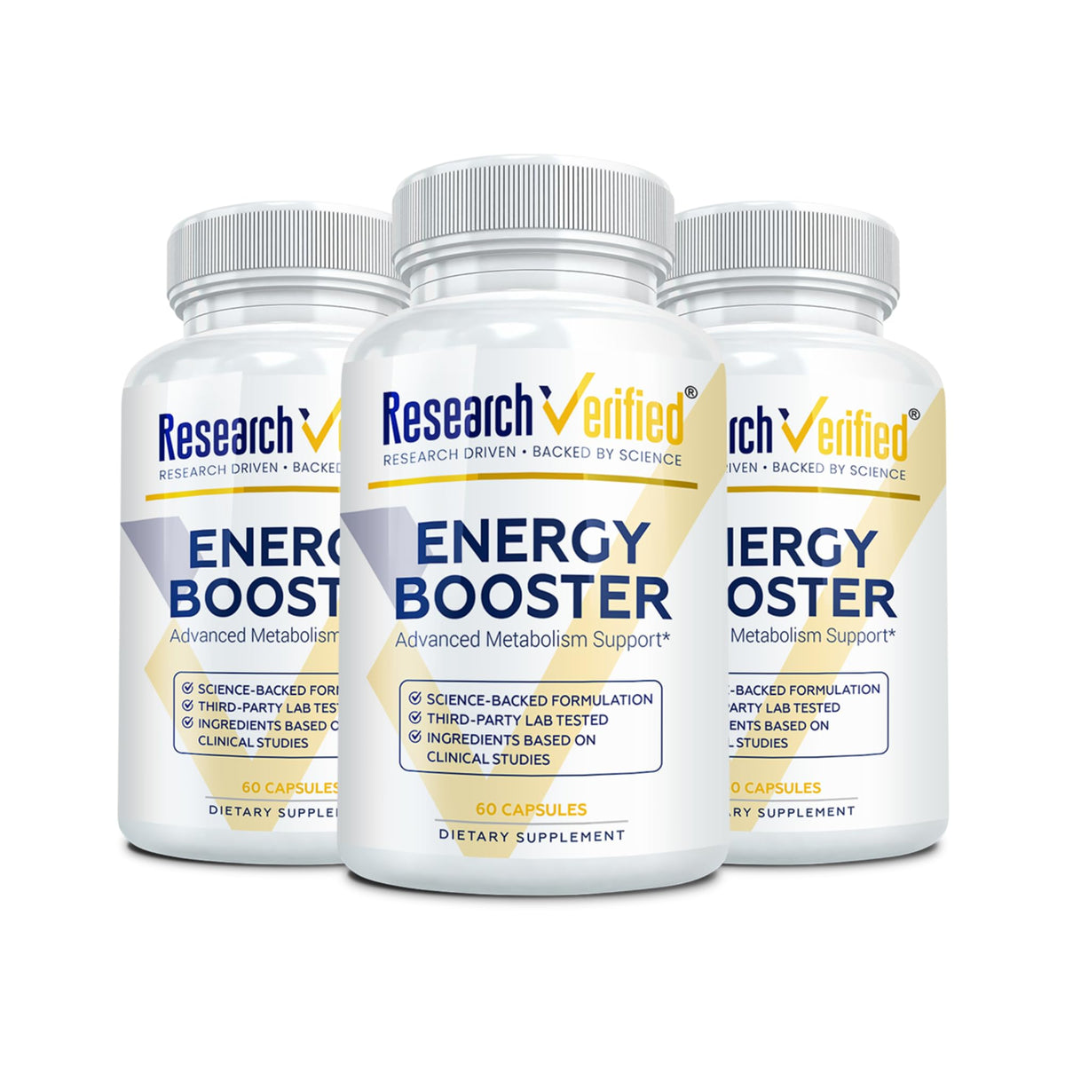 Research Verified Energy Booster bottle front shows caffeine-free formula for daily support.
