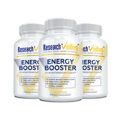 Research Verified Energy Booster bottle front shows caffeine-free formula for daily support.