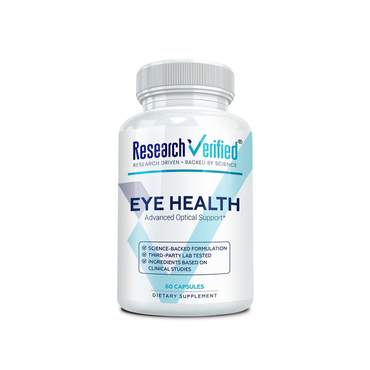 Research Verified Eye Health bottle front showing branding and capsule count for daily use.