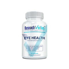 Research Verified Eye Health bottle front showing branding and capsule count for daily use.