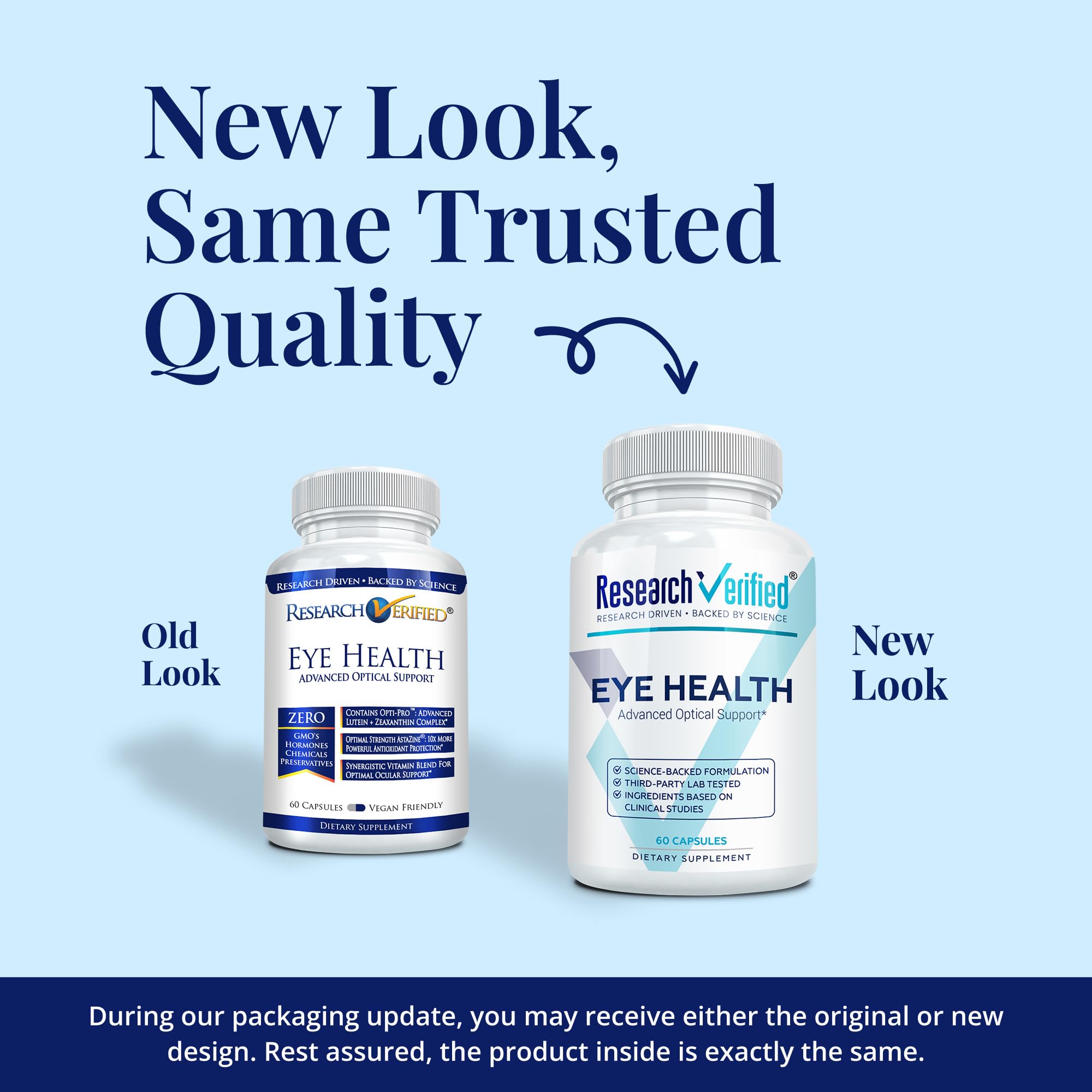 Research Verified Eye Health ingredients label close-up highlights vitamins A, B, C, and E.