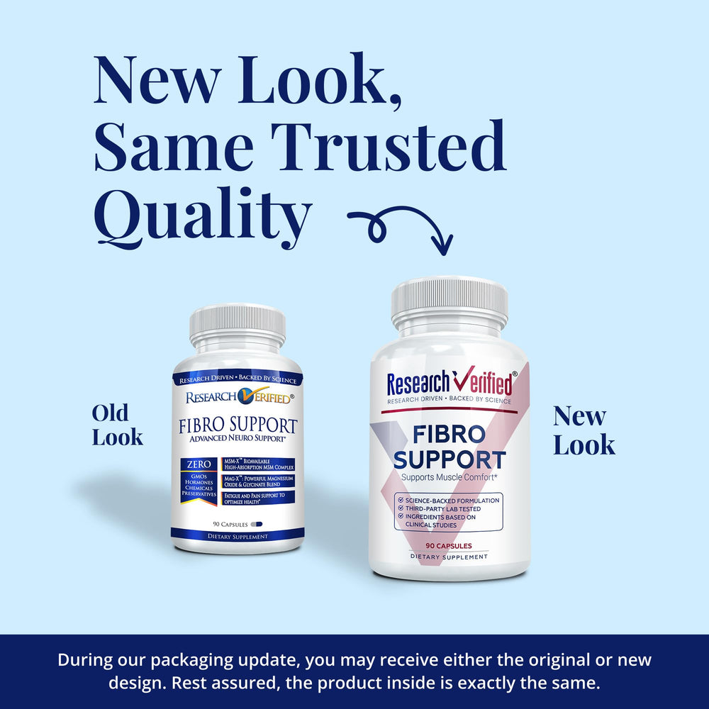 Research Verified Fibro Support capsules close-up highlighting MSM and D3 benefits