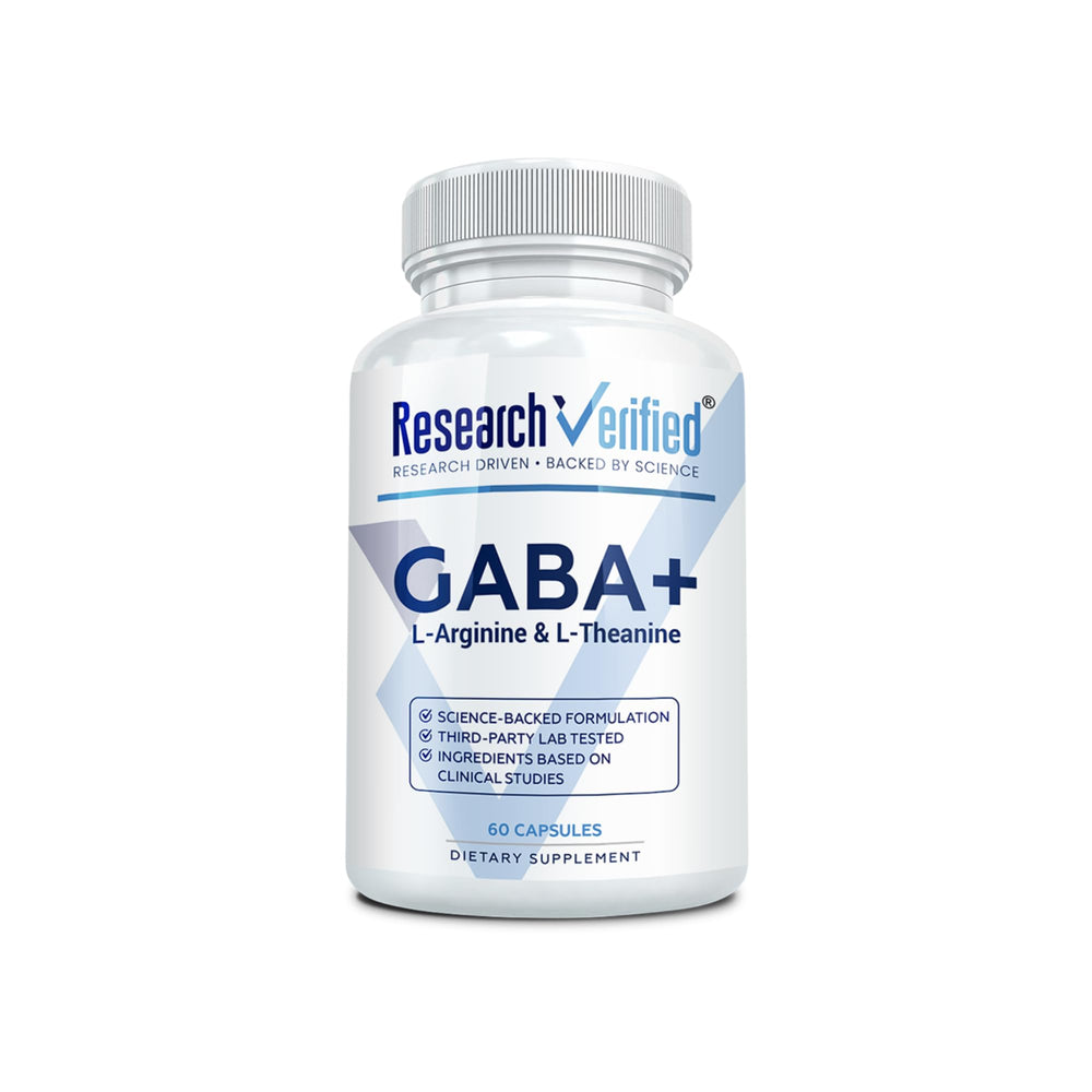 Research Verified GABA+ bottle on a shelf signals calm mood support and relaxation