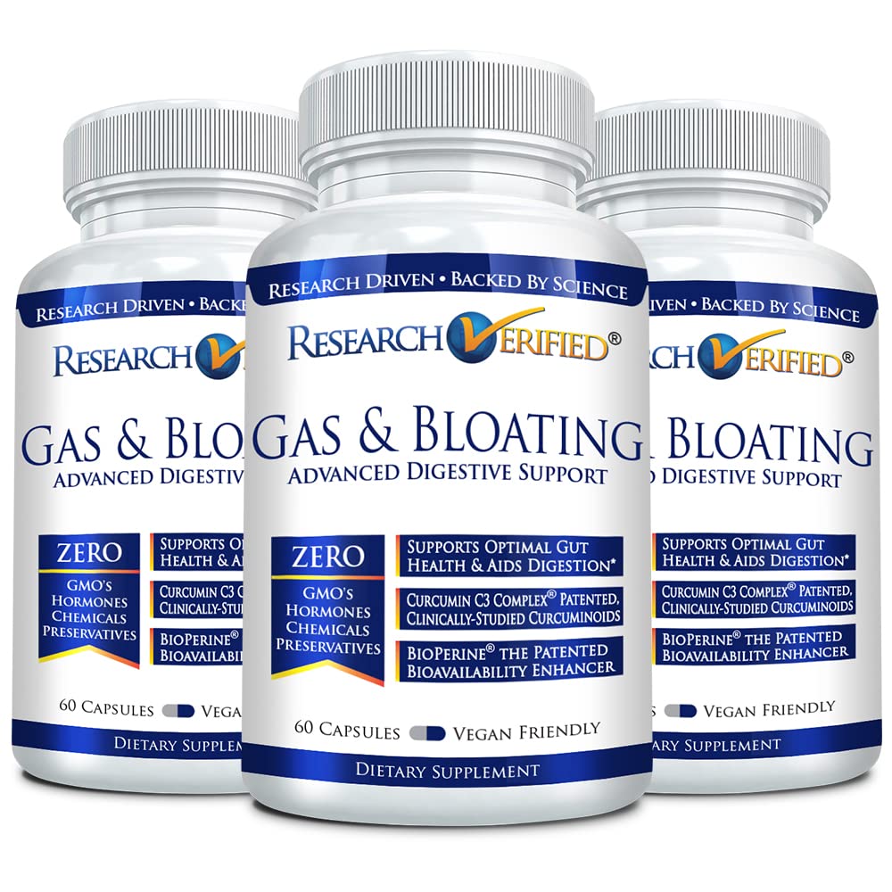 Research Verified Gas and Bloating bottle front offers vegan capsules for daily digestion support.