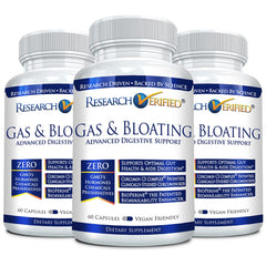 Research Verified Gas and Bloating bottle front offers vegan capsules for daily digestion support.