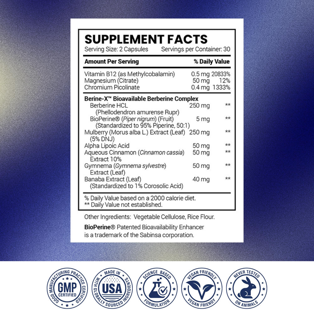 Research Verified Glucotrax berberine crystal closeup for premium feel.