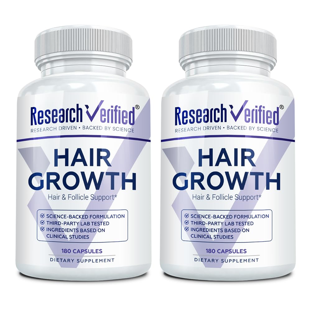 Research Verified Hair Growth Support bottle label; 360 capsules for daily use and hair care.