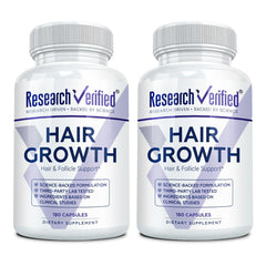Research Verified Hair Growth Support bottle label; 360 capsules for daily use and hair care.