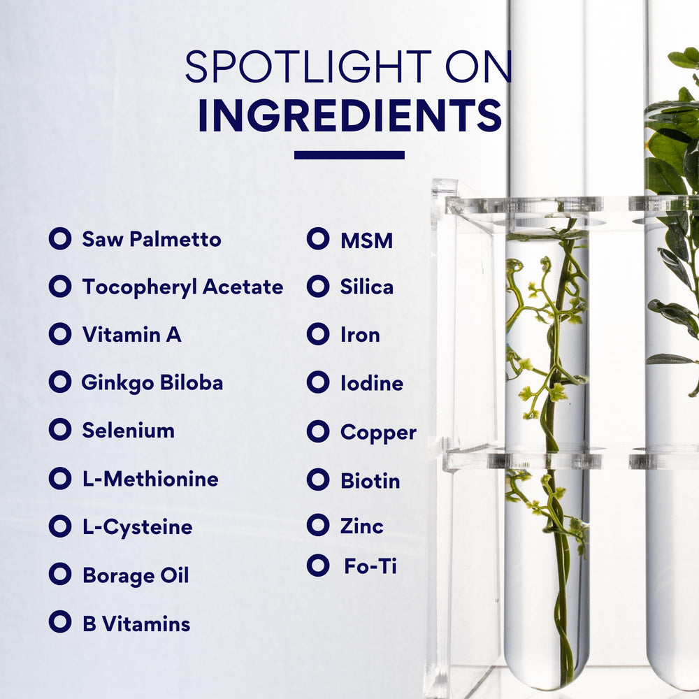 Research Verified Hair Growth Support label details; 400 mg saw palmetto and amino acids.