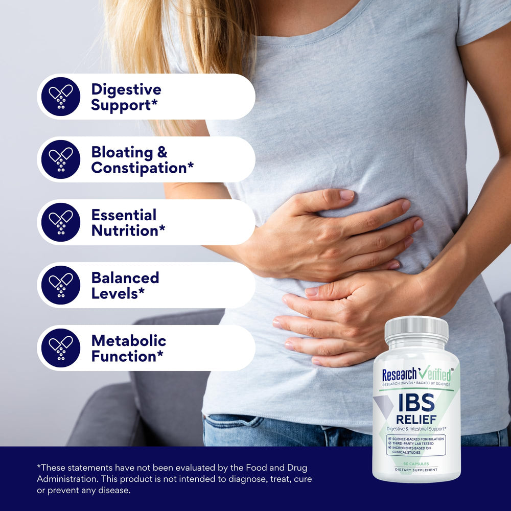 Research Verified IBS Relief BioPerine bottle highlighting enhanced absorption.