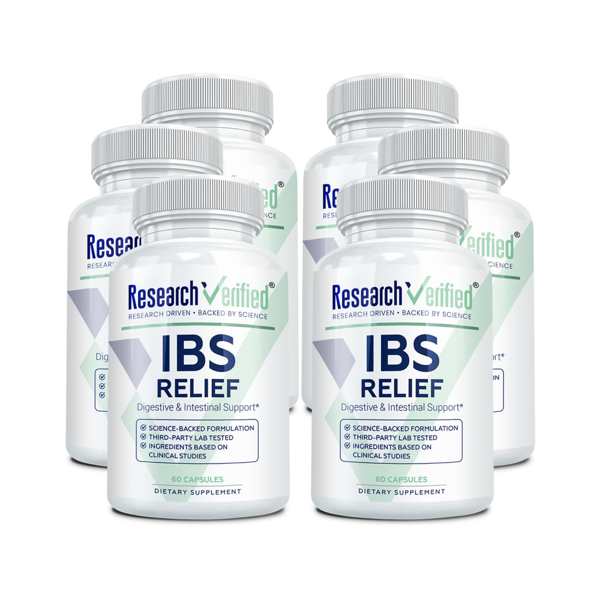 Research Verified IBS Relief bottle with Digestive Enzymes for daily digestion.
