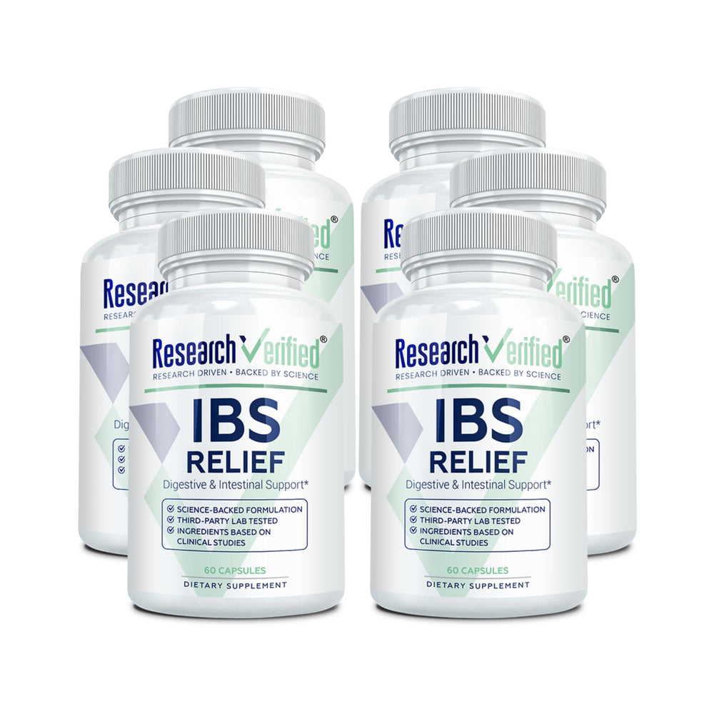 Research Verified IBS Relief bottle with Digestive Enzymes for daily digestion.