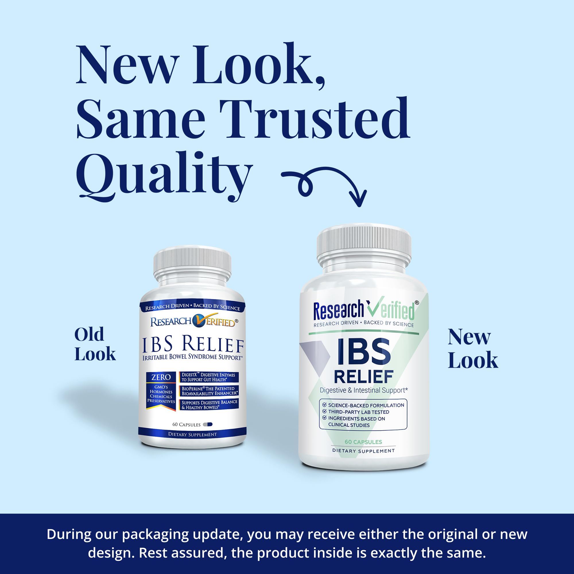 Research Verified IBS Relief herbal blend bottle with peppermint, fennel, and ginger.