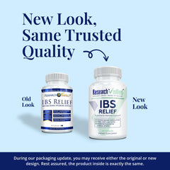 Research Verified IBS Relief herbal blend bottle with peppermint, fennel, and ginger.