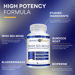 Research Verified Irish Sea Moss label showcasing bladderwrack and burdock blend