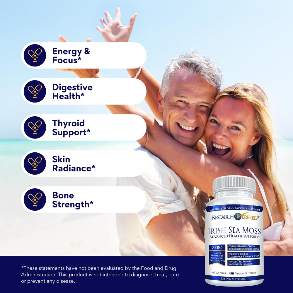 Research Verified Irish Sea Moss capsules closeup – vegan capsules for gentle digestive comfort.