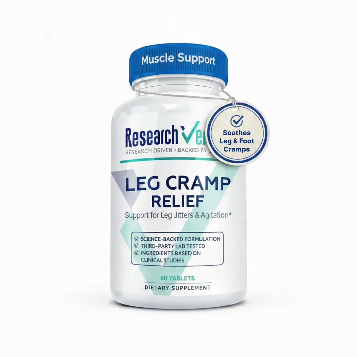 Research Verified Leg Cramps bottle front indicates daily support for leg comfort