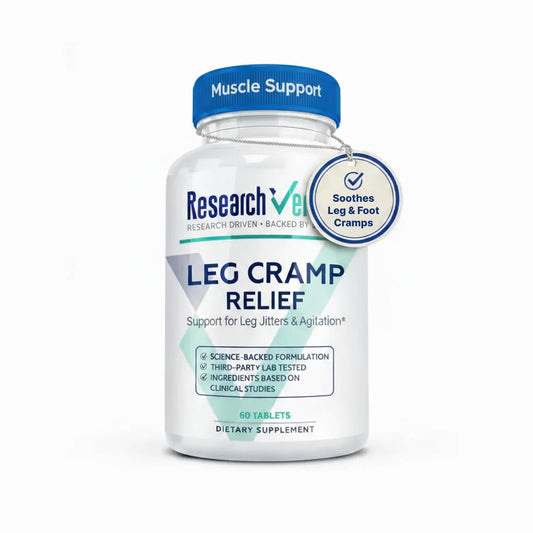 Research Verified Leg Cramps bottle front indicates daily support for leg comfort