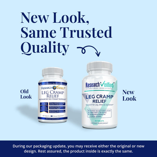 Research Verified Leg Cramps bottle label, highlighting magnesium and BioPerine for absorption
