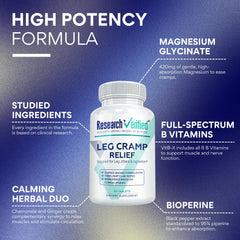 Research Verified Leg Cramps capsules closeup, showing easy-to-take daily capsules for circulation support