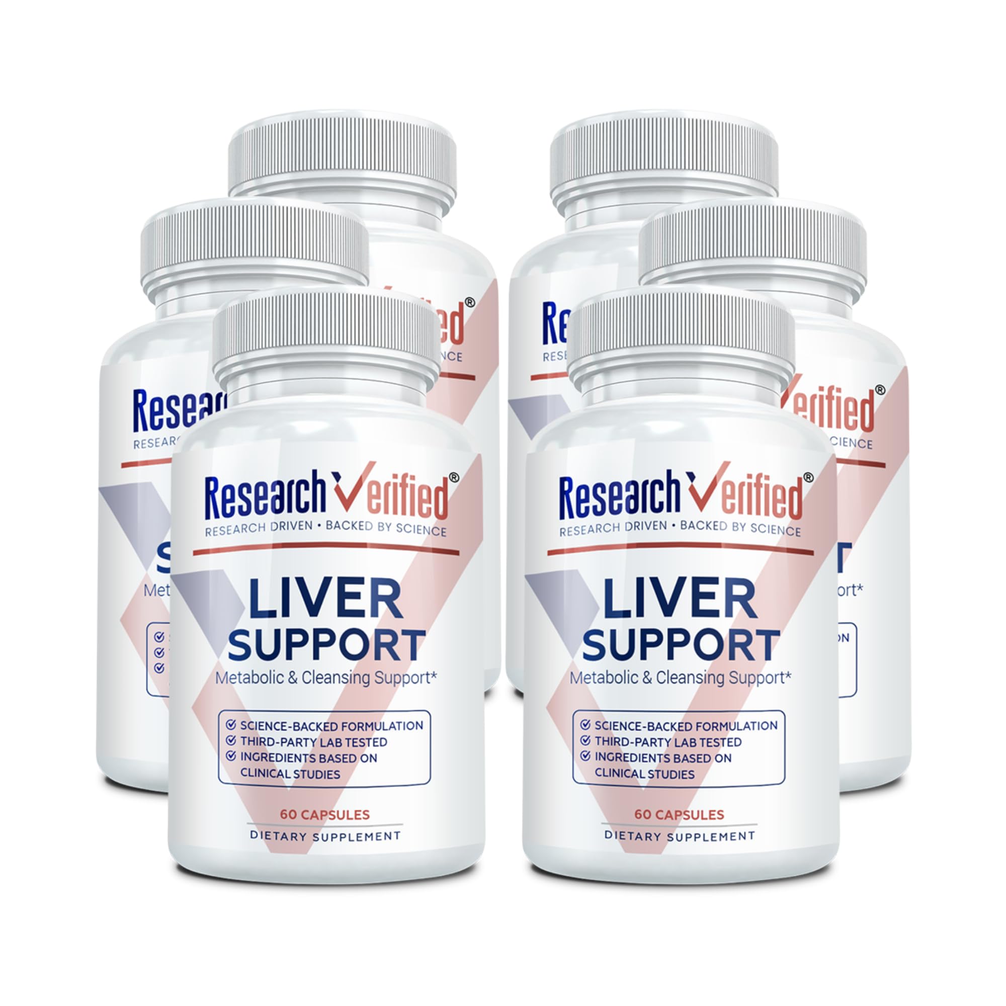 Research Verified Liver Support bottle front view, vegan capsules for daily wellness.