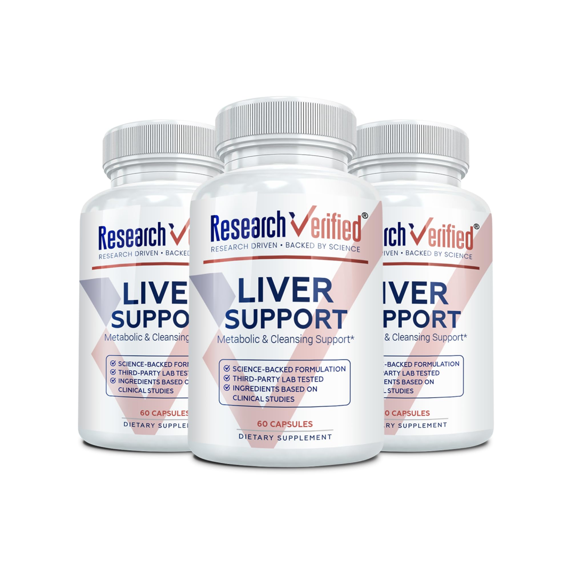Research Verified Liver Support bottle front shows vegan capsules for daily detox support.