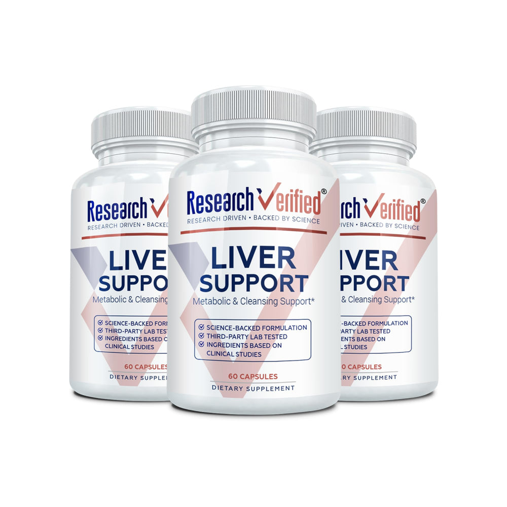 Research Verified Liver Support bottle front shows vegan capsules for daily detox support.