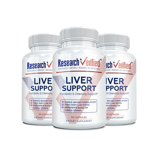 Research Verified Liver Support bottle front shows vegan capsules for daily detox support.