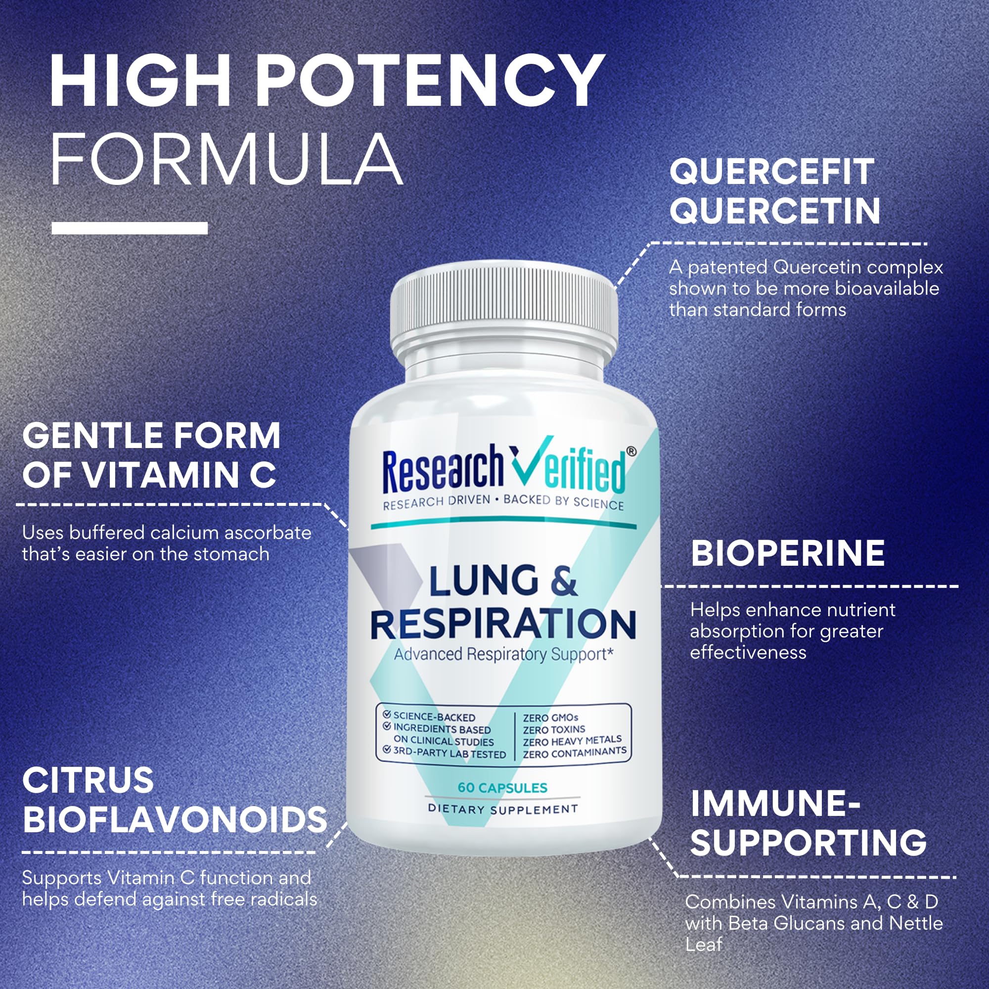 Research Verified Lung and Respiration bottle label highlights USA-made production
