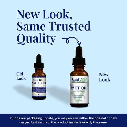 Research Verified MCT Oil three-bottle pack emphasizes convenient multi-pack option.