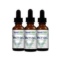 Research Verified MCT Oil bottle front for daily coconut-based energy support.