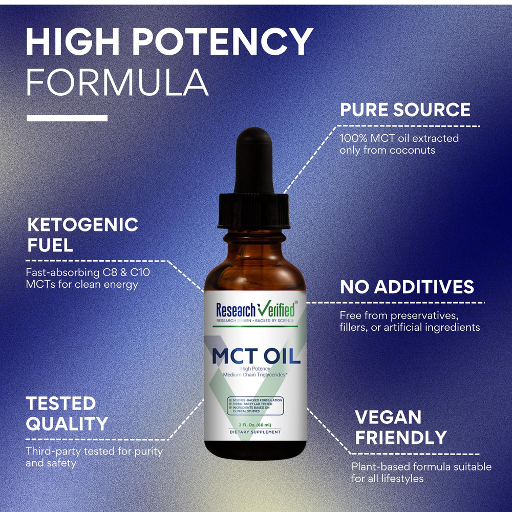 Research Verified MCT Oil pour/dropper facilitates easy morning blending.